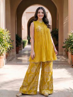 KAFTANIZE - Women Yellow Cotton Blend Embellished Co-ord Set