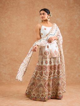 MILU MADAN - Women Off White Chinon Thread Work Kurti with Sharara and Dupatta