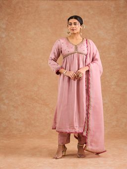 MILU MADAN - Women Dull Pink Viscose Opara Silk Hand Embroidered Kurta with Pant and Dupatta