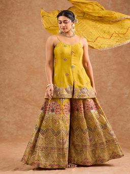 MILU MADAN - Women Mustard Chinon Thread Work Peplum with Sharara and Dupatta