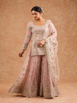 MILU MADAN - Women Pink Georgette Gota Applique Kurti with Sharara and Dupatta