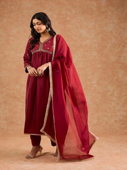MILU MADAN - Women Maroon Viscose Opara Silk Hand Embroidered Kurta with Pant and Dupatta