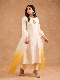 MILU MADAN - Women Ivory Opara Silk Hand Embroidered Kurta with Pant and Dupatta