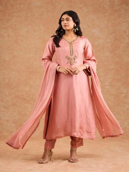 MILU MADAN - Women Dull Peach Opara Silk Hand Embroidered Kurta with Pant and Dupatta