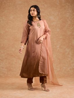 MILU MADAN - Women Brown Ombre Opara Silk Hand Embroidered Kurta with Pant and Dupatta