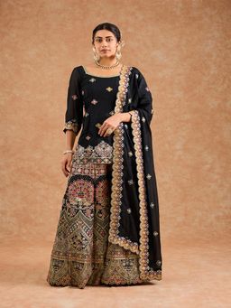 MILU MADAN - Women Black Chinon Thread Work Kurti with Sharara and Dupatta