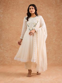 MILU MADAN - Women Ivory Georgette Applique Work Anarkali Kurta with Pant and Dupatta