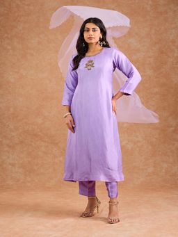 MILU MADAN - Women Lavender Opara Silk Hand Embroidered Kurta with Pant and Dupatta