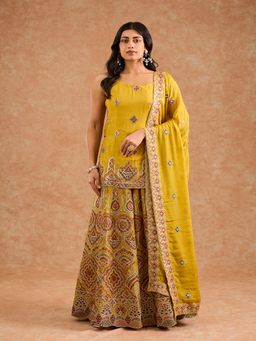 MILU MADAN - Women Mustard Chinon Thread Work Kurti with Sharara and Dupatta