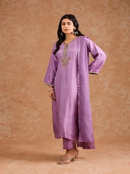 MILU MADAN - Women Dull Purple Opara Silk Hand Embroidered Kurta with Pant and Dupatta