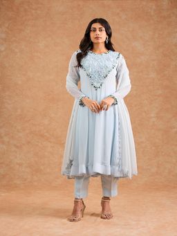 MILU MADAN - Women Light Blue Georgette Applique Work Anarkali Kurta with Pant and Dupatta