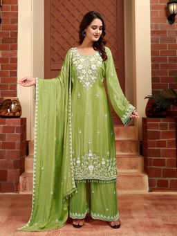 UDAY ENTERPRISE - Women Green Chiffon Embroidered Top with Sharara and Dupatta