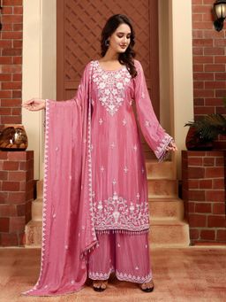 UDAY ENTERPRISE - Women Pink Chiffon Embroidered Top with Sharara and Dupatta