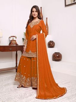 UDAY ENTERPRISE - Women Orange Chiffon Silk Embroidered Top with Sharara and Dupatta