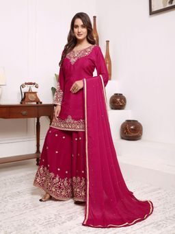 UDAY ENTERPRISE - Women Pink Chiffon Silk Embroidered Top with Sharara and Dupatta