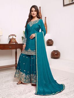 UDAY ENTERPRISE - Women Teal Chiffon Embroidered Top with Sharara and Dupatta