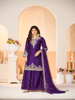 UDAY ENTERPRISE - Women Purple Silk Embroidered Top with Sharara and Dupatta
