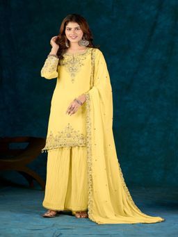 UDAY ENTERPRISE - Women Yellow Georgette Embroidered Top with Sharara and Dupatta
