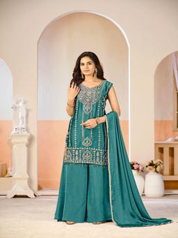 UDAY ENTERPRISE - Women Teal Silk Embroidered Top with Sharara and Dupatta