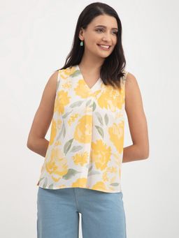 FableStreet - Floral Print V-Neck Top - White