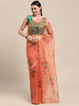 Vastranand - Orange Organza Floral Print Party Wear Saree with Unstitched Blouse