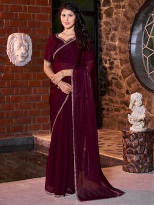 Women's Satin Silk Burgundy Embellished Designer Saree With Blouse Piece main image 1
