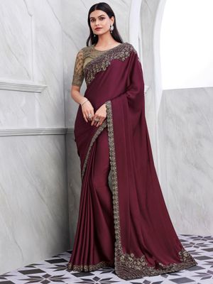 Women's Satin Silk Burgundy Embellished Designer Saree With Blouse Piece