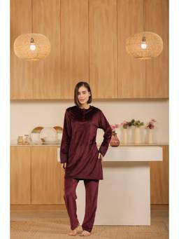 KIZA - Women Wine Solid/Plain Velvet Kurti with Pyjama
