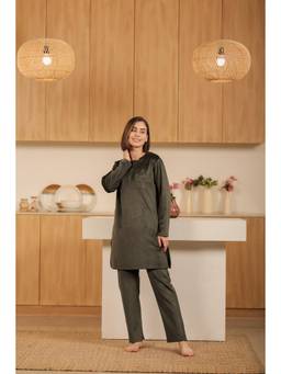 KIZA - Women Olive Embroidered Velvet Kurti with Pyjama
