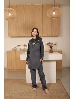 KIZA - Women Grey Embroidered Velvet Kurti with Pyjama