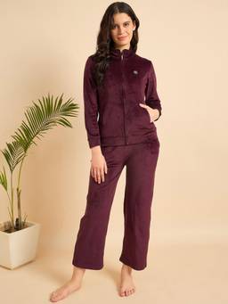 KIZA - Women Wine Solid/Plain Velvet Jacket with Pyjama