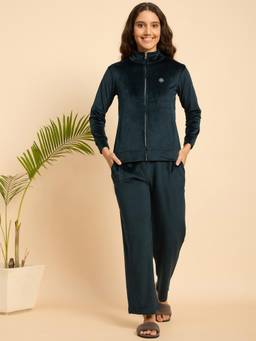 KIZA - Women Teal Solid/Plain Velvet Jacket with Pyjama