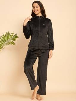 KIZA - Women Black Solid/Plain Velvet Jacket with Pyjama