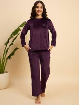 KIZA - Women Purple Solid/Plain Velvet T-Shirt with Pyjama