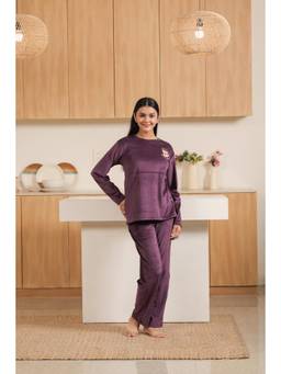 KIZA - Women Purple Embroidered Velvet T-Shirt with Pyjama