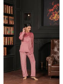 KIZA - Women Pink Floral Velvet T-Shirt with Pyjama