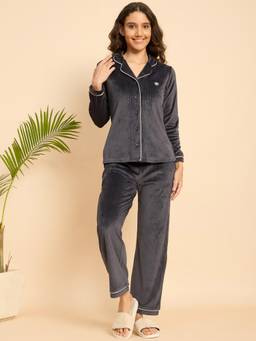 KIZA - Women Grey Textured Velvet Shirt with Pyjama