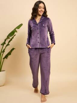 KIZA - Women Purple Textured Velvet Shirt with Pyjama