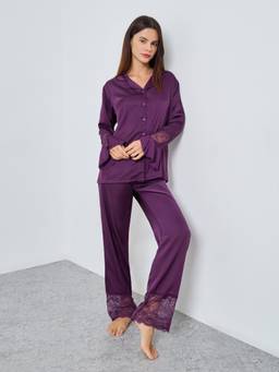 Styli - Women Purple Solid/Plain Polyester Blend Shirt with Pyjama