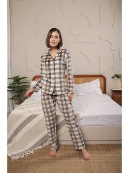KIZA - Women Pink Checks Velvet Shirt with Pyjama