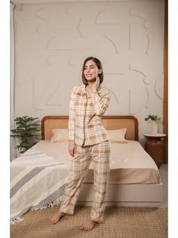 KIZA - Women Brown Checks Velvet Shirt with Pyjama