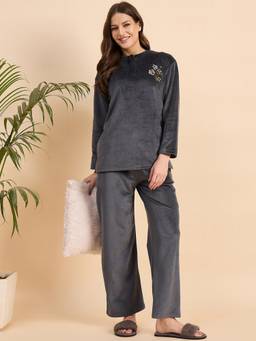 KIZA - Women Grey Floral Velvet Top with Pyjama