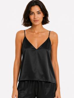 Noite Luxe - Women Black Solid/Plain Satin Top with Short
