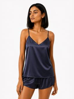 Noite Luxe - Women Navy Blue Solid/Plain Satin Top with Short