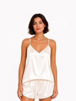 Noite Luxe - Women White Solid/Plain Satin Top with Short