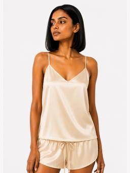 Noite Luxe - Women Gold Solid/Plain Satin Top with Short