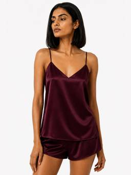 Noite Luxe - Women Wine Solid/Plain Satin Top with Short