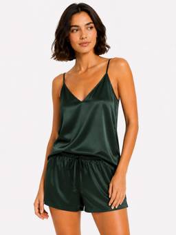 Noite Luxe - Women Green Solid/Plain Satin Top with Short