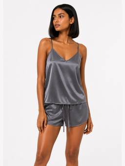 Noite Luxe - Women Charcoal Solid/Plain Satin Top with Short
