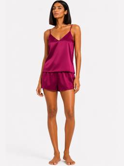 Noite Luxe - Women Magenta Solid/Plain Satin Top with Short